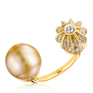 Кольцо из желтого золота с бриллиантами, жемчугом