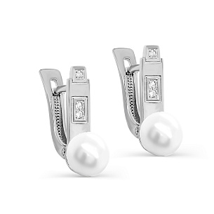 Серьги с английским замком из серебра с фианитами и жемчугами