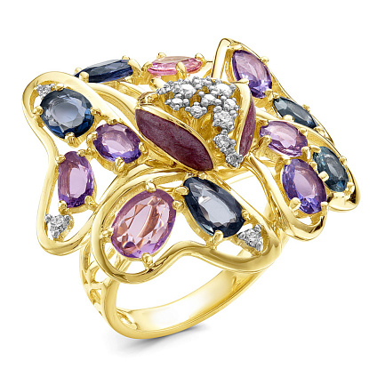 Кольцо из желтого золота с бриллиантами, сапфирами