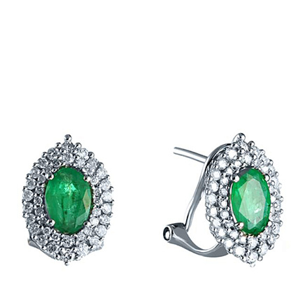 Серьги из белого золота с бриллиантами, изумрудами