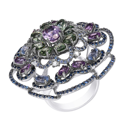 Кольцо из комбинированного золота с бриллиантами, аметистами