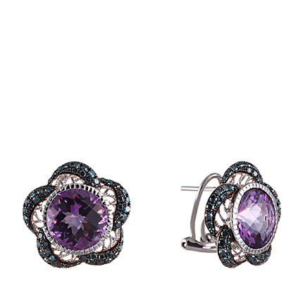 Серьги из белого золота с бриллиантами, аметистами