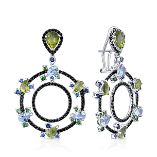 Серьги из белого золота с бриллиантами, сапфирами, аквамаринами, перидотами, цаворитами