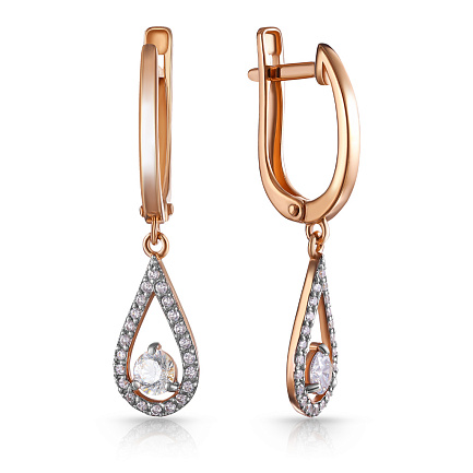 Серьги с английским замком из красного золота с фианитом