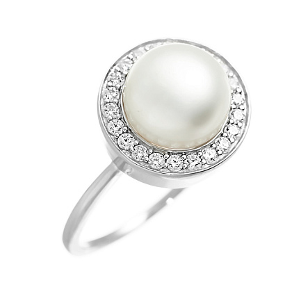 Кольцо из серебра с жемчугом, фианитами
