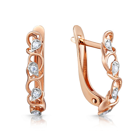 Серьги с английским замком из красного золота с фианитом