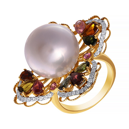 Кольцо из желтого золота с бриллиантами, жемчугом