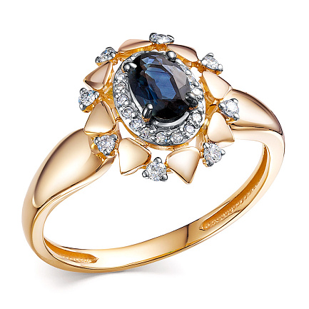 Кольцо из красного золота с бриллиантами, сапфиром