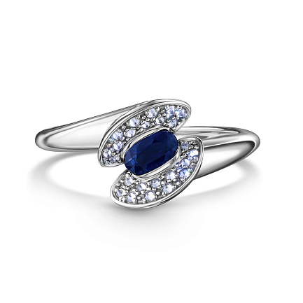 Кольцо из белого золота с бриллиантами, сапфиром