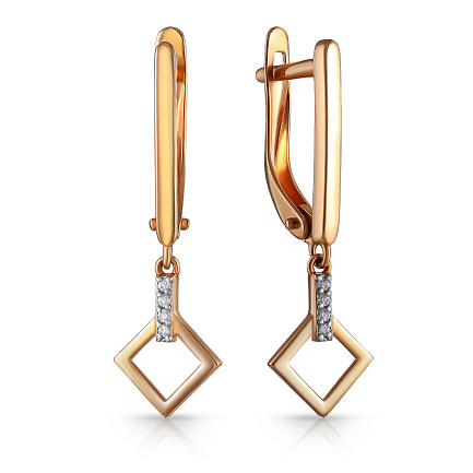 Серьги с английским замком из красного золота с фианитом