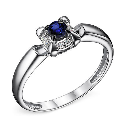 Кольцо из белого золота с бриллиантами, сапфиром