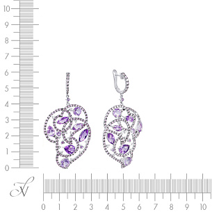 Серьги с английским замком из белого золота с бриллиантами, аметистами, сапфирами