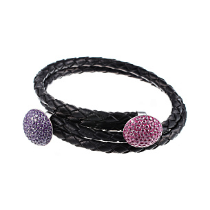 Браслет декоративный из серебра с фианитом, кожей