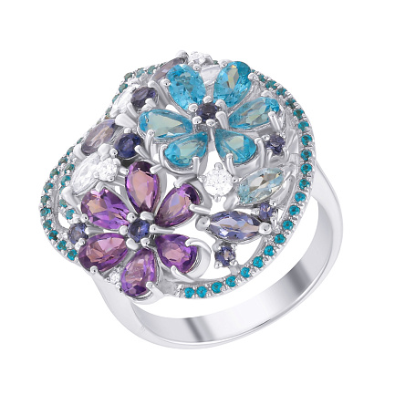 Кольцо из белого золота с бриллиантами, аквамаринами