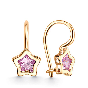 Серьги детские с французским замком из красного золота с фианитом