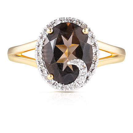 Кольцо из желтого золота с бриллиантами, раухтопазом