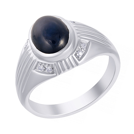 Печатка из белого золота с бриллиантами, сапфиром