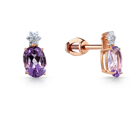 Пусеты из красного золота с аметистами, фианитами
