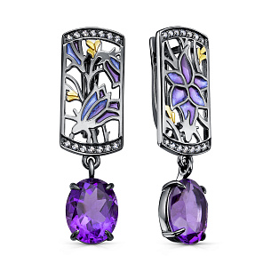 Серьги с английским замком из серебра с фианитами и аметистами