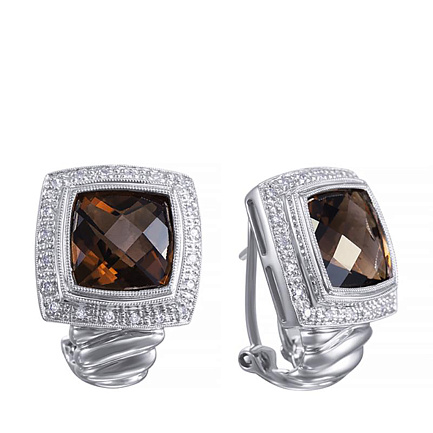 Серьги из белого золота с бриллиантами, раухтопазами