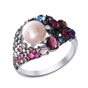 Кольцо из белого золота с бриллиантами, сапфирами, аметистом, раухтопазом, родолитом, топазом, жемчугом