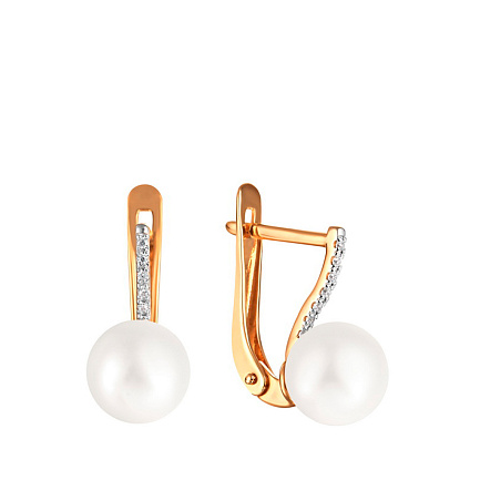 Серьги из красного золота с жемчугом, фианитом