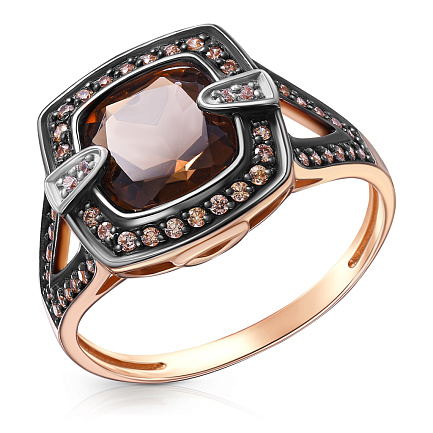 Кольцо из красного золота с раухтопазом, фианитом