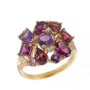 Кольцо из желтого золота с бриллиантами, аметистами