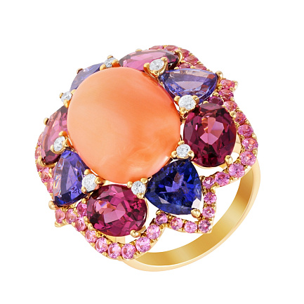 Кольцо из желтого золота с бриллиантами, кораллом