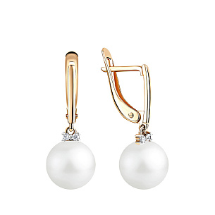 Серьги с английским замком из красного золота с жемчугом и фианитом