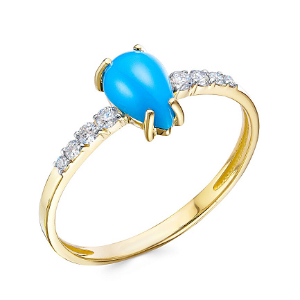 Кольцо из желтого золота с бриллиантами, бирюзой