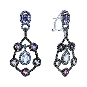 Серьги с аквамарином, бриллиантами, сапфирами, аметистами, иолитами из белого золота