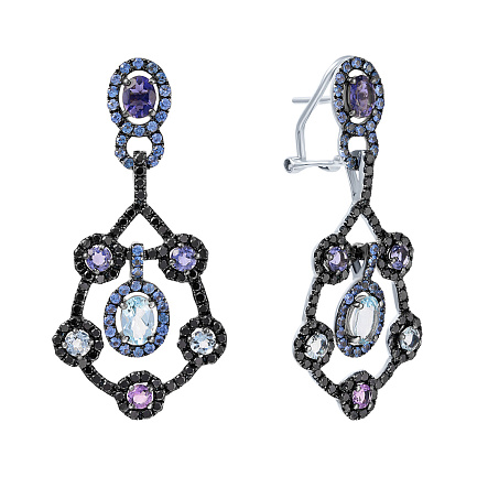 Серьги из белого золота с аквамаринами, аметистами