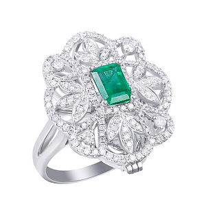 Кольцо из белого золота с бриллиантами, изумрудом