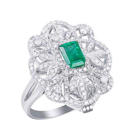 Кольцо из белого золота с бриллиантами, изумрудом
