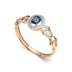 Кольцо из красного золота с бриллиантами, сапфиром