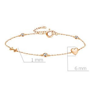 Браслет декоративный из красного золота с фианитом, плетение якорное