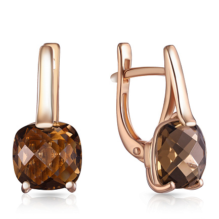 Серьги с английским замком из красного золота с раухтопазом