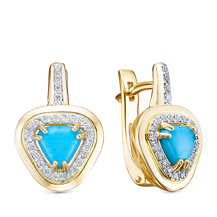 Серьги из желтого золота с бриллиантами, бирюзой
