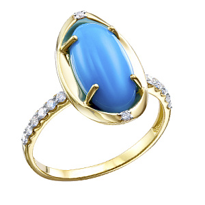 Кольцо из желтого золота с бриллиантами, бирюзой