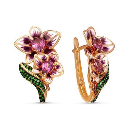 Серьги из желтого золота с изумрудами, родолитом