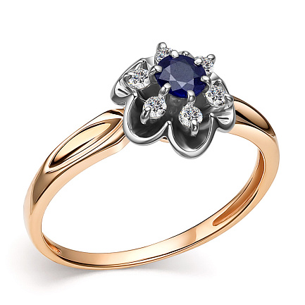 Кольцо из красного золота с бриллиантами, сапфиром