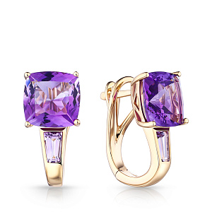 Серьги с английским замком из желтого золота с аметистами