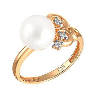 Кольцо из красного золота с жемчугом и фианитом
