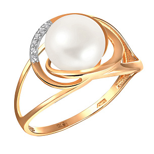 Кольцо из красного золота с жемчугом и фианитом