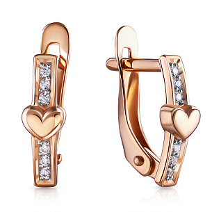 Серьги с английским замком из красного золота с фианитом