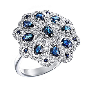 Кольцо из белого золота с бриллиантами, сапфирами