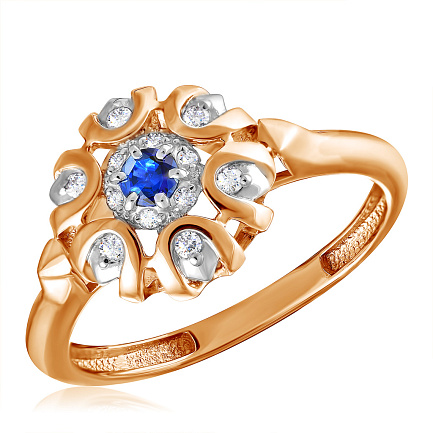 Кольцо из красного золота с бриллиантами, сапфиром