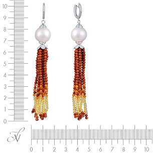 Серьги из серебра с цитрином, авантюрином, жемчугами, фианитом