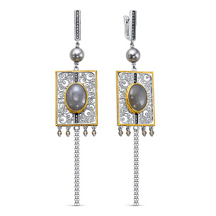 Серьги с английским замком из серебра с фианитами, лунными, жемчугами и лабрадоритами